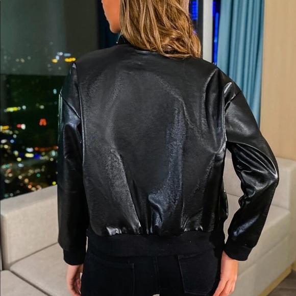 Bomber vegan leather jacket zip up black glam - Picture 2 of 3